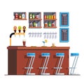 Pub with counter, stools, drinks and glass bottles