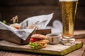 Pub food, bbq burgers and beer Royalty Free Stock Photo