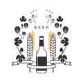 Pub icon. Brewery logo, craft beer label, alcohol shop. Vector symbol in modern line style with beer bottle, hop, wheat and ribbon Royalty Free Stock Photo