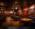 pub interior, tables, chairs, glowing lamps, paintings hanging on the walls