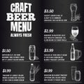 Pub menu. Beer drink menu for restaurant or cafe template design. Glasses, mugs and barrel, bottles sketch vector Royalty Free Stock Photo