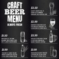 Pub menu. Beer drink menu for restaurant or cafe template design. Glasses, mugs and barrel, bottles sketch vector illustration Royalty Free Stock Photo