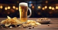 Pub Pleasures - Freshly poured glass of light beer with foam and snacks, chips, nuts on a wooden table against a background of a