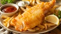 Traditional British Pub Style Fish and Chips Served on Old English Newspaper Royalty Free Stock Photo