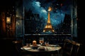 pub table with glass of wine in tower Eiffel double red and blue background wallpapers, in the style of photo realistic paint Royalty Free Stock Photo