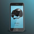PUBG G Mobile on a realistic black smartphone. On screen black metallic helmet. Battlegrounds Game concept. Vector illustration