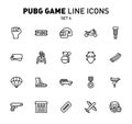 PUBG game line icons. Vector illustration of combat facilities. Linear design. The Set 4 of icons for PlayerUnknown`s
