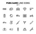 PUBG game line icons. Vector illustration of combat facilities. Linear design. The Set 1 of icons for PlayerUnknown`s Royalty Free Stock Photo