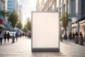 public advertisement board space on glass booth in the street as empty blank white mockup signboard. ai generative