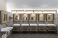 Public bathroom with five sinks, mirrors and soap dispensers. Modern and simple Royalty Free Stock Photo
