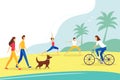 Public beach background. People doing yoga, cycling, walking animals. Relaxation and active recreation concept. illustration