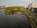 public beach near multi-storey residential building Saint Petersburg. Hot summer Royalty Free Stock Photo