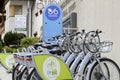 Public bike sharing station in Austrian mountain town Serfaus. Royalty Free Stock Photo