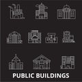 Public buildings editable line icons vector set on black background. Public buildings white outline illustrations, signs Royalty Free Stock Photo