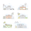 Public buildings facades set. Police, cafe, library, bank, flower shop, city hall vector illustration Royalty Free Stock Photo