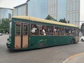 Public bus disguised as a traditional Peking tram driving in Dongcheng District in Beijing.