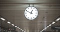 Public Circle Clock In A Railway Station With Roof, Black And White Classical Public Hanging Clock,The Main Railway Station.