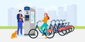 Public city bicycle sharing business, vector flat illustration. Modern automated bike rental service system concept Royalty Free Stock Photo