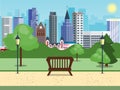 Public city park with bench main street city with sky and city background. Beautiful nature scene with town and forest Royalty Free Stock Photo