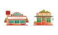 Public City or Suburban Buildings Set, Cinema and Shop or Cafe Building Flat Vector Illustration Royalty Free Stock Photo