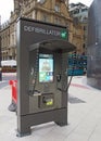 Public emergency defibrillator and information point in city square in Leeds