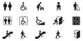 Public Facility And Accessibility Icons Solid Icon Set. Restroom, Wheelchair Access, Baby Changing and Exit Symbol Royalty Free Stock Photo
