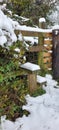 Public footpath stile covered in snow in winter Royalty Free Stock Photo