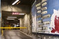 Public garage exit with yellow ramp