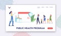 Public Health Program Landing Page Template. Immunization Schedule. Characters Wait for Vaccination at Huge Calendar
