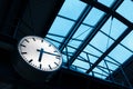 Public indoor clock and skyroof in train station at twilight