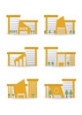 Public institutional building facade, commercial house, supermarket, government city estate, town line icons. Flat design vector