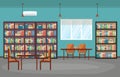 Public Library Interior Stack of Book on Bookshelf Flat Design