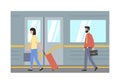 Public Modern City Transport Concept. Man And Woman Board Train Or Subway. Character With Luggage On Platform At Modern