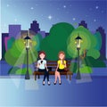 Public night park couple woman sitting wooden bench street lamp green lawn trees on city buildings template background