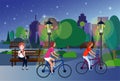 Public night park people relax sitting wooden bench outdoors cycling green lawn trees on city buildings template