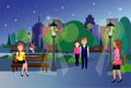 Public night park woman man couple wooden bench outdoors walking lady green lawn trees on city buildings template