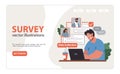Public opinion poll data web banner or landing page. Male character