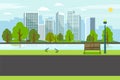 Public park with bench river city.Road on park with river and cityscape.Nature spring scene Royalty Free Stock Photo