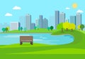Public park nature landscape with city background.Nature scene with bench in city.Lake in town.Urban with spring meadow Royalty Free Stock Photo