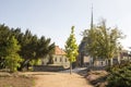 Public park in Pardubice city, dirty path, church on background, romantic Royalty Free Stock Photo