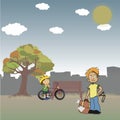 In a public park, a schoolboy hoodlum observes a bicyclist. Royalty Free Stock Photo