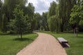 Public park in summer time, greenery, path throw and bench, sunny, blue sky Royalty Free Stock Photo