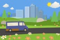 Public park with van on road and city background.nature landscape with road and urban.Cartoon nature landscape view with town