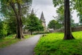 Public park with walking path from St Machar's Cathedral in Aberdeen, Scotland.