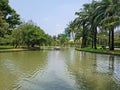 A public park with a water canal
