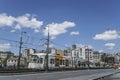 Public passenger train passing through Galata Bridge in Istanbul, Turkey