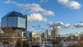 Landscape with modern National library building in Belarus on classic blue sky with clouds background. Space for text.