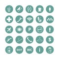Public place navigation vector icons. Toilet, restaurant and elevator pictograms