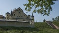 Public place of Nesvizh Castle, Belarus. Medieval castle and palace. Restored medieval fortress. Heritage concepts.