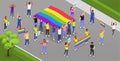 Public protest demonstration isometric composition with view of street ang group of protesters at pride parade illustration